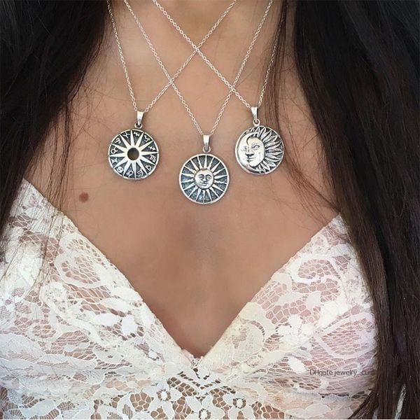 

3 Pcs/ Set Retro Engraving Sun Constellation Tarot Symbol Chain Pendant Silver Necklace Women Multilayer Necklace Set Jewelry