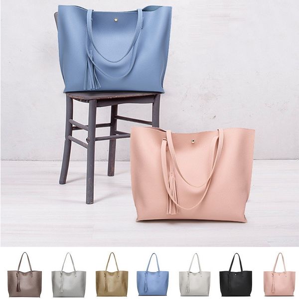 

simple fashion women handbags leather solid tassel pendant large capacity korean ladies shopping travel hand bag women bag