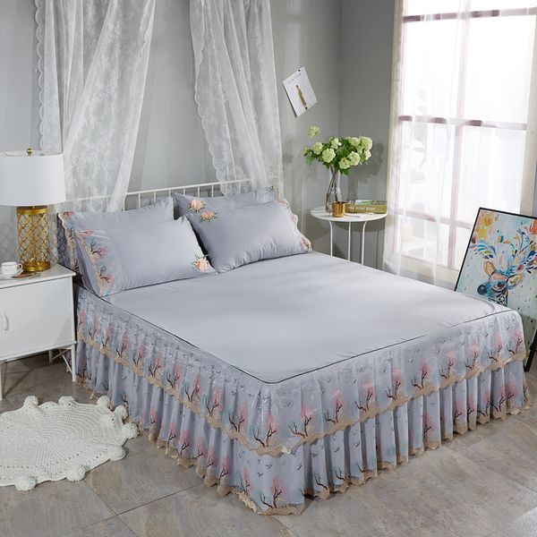 

cotton soft bed sheet set double layer ruffled lace bed skirts twin full queen size peach grey pink green color bedskirt set