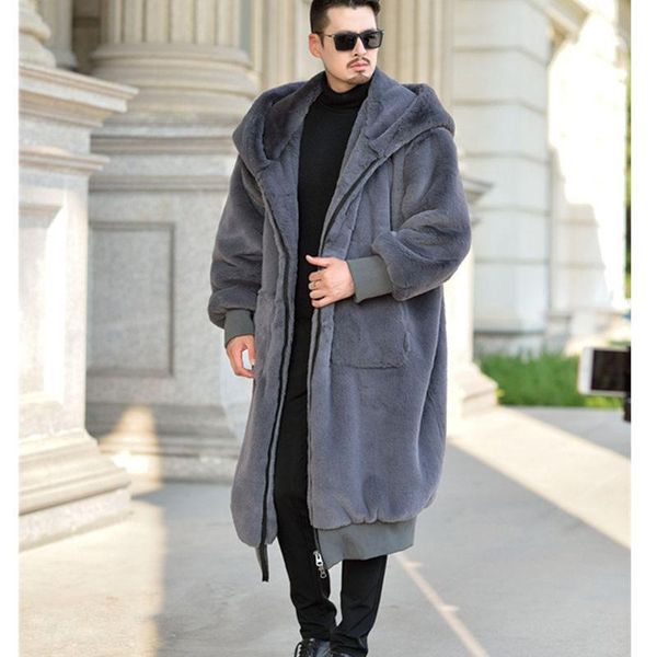 

mens winter fur coats hooded men women faux fur long coat warm zipper outerwear casual winter leather jackets robe, Black