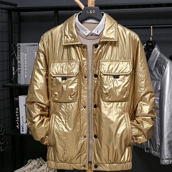 

vogue brand men bright leather cotton single-breasted padded jacket male warm solid color thick coat men parka autumn winter, Black