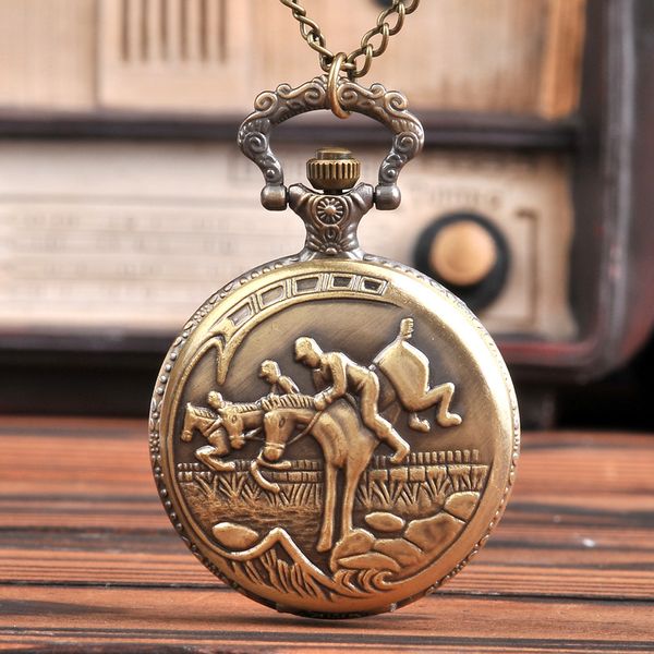 

large craved three horses racing vintage retro fashion white surface pocket watch with waist chain, Slivery;golden