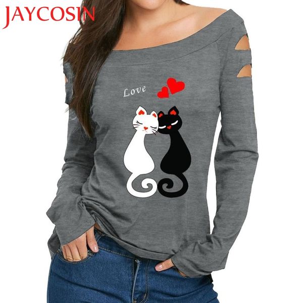 

jaycosin newly 2018 women ladies off shoulder cat love prints shirt long sleeve dropshipping july 28, White
