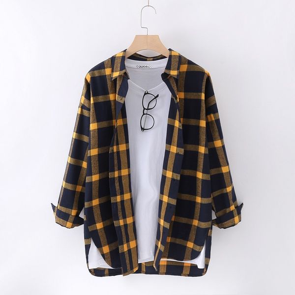

new all-amtch spring autumn fashion large size loose plaid women blouses turn down collar long sleeve female shirts casual, White