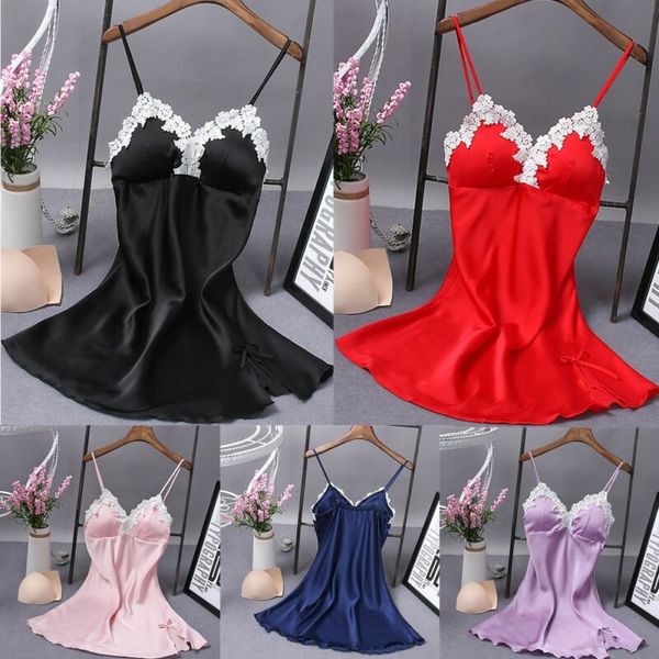 

2020 summer solid v-neck lingerie women silk robe dress babydoll nightdress nightgown sleepwear, Black;red