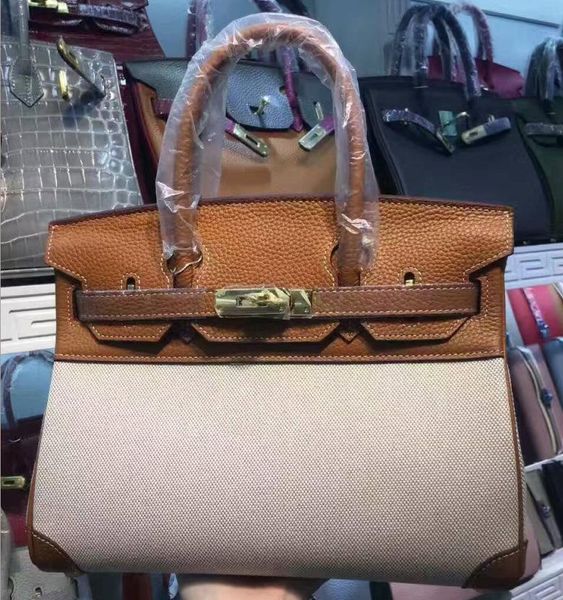 

2020 25cm 30cm fashion bags women totes two-tone bags genuine leather canvas shoulder bags lady handbag real image