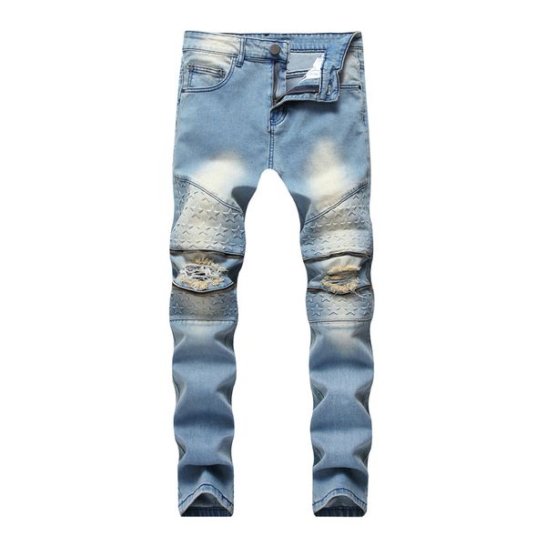 

men's jeans zipper stretch fashion light blue hole large size zipper straight tube jean trousers