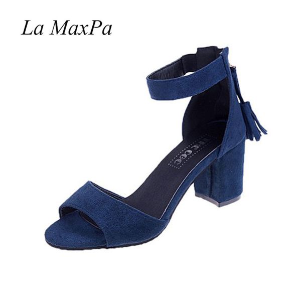 

la maxpa woman shoes 2018 summer tassel flock women sandals fringe sandal heels thick high heels sandals sandalias de salto alto, Black