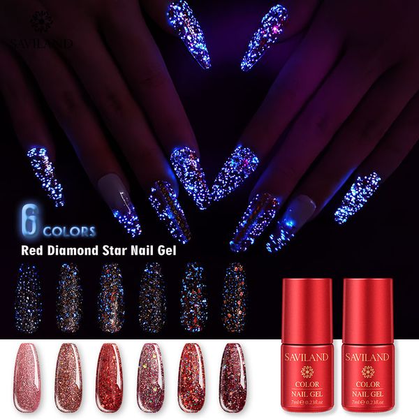 

saviland glow in the dark red diamond star gel nail varnish semi permanent luminous nail gel polish rose gold glitter nails art, Red;pink