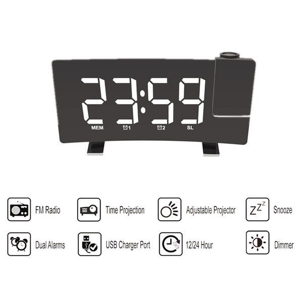 

8 inch alarm clock fm radio projection led screen dual alarms snooze function output usb charging port for phone with usb cable