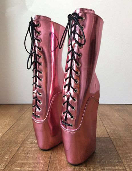 Mettlic Pink Shoes Lace Up Ankle Boots For Women Ballet Wedge