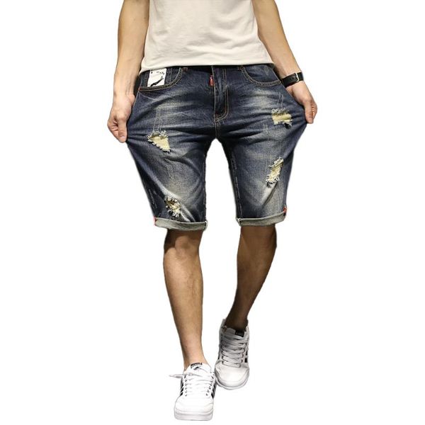 

jean shorts men's summer high elasticity hip hop casual pant homme fashion street knee length male lightweight men clothing hot, Blue