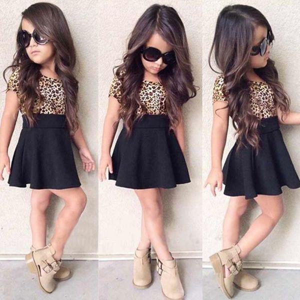 

2020 girls leopard print dress summer kids short sleeve pleated party dresses children's cotton casual vestido clothes for girls, Red;yellow