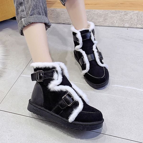 

flats flock snow boots woman shoes fashion low-heeled round toe shoes buckle keep warm snow boots zapatos de mujer woman, Black