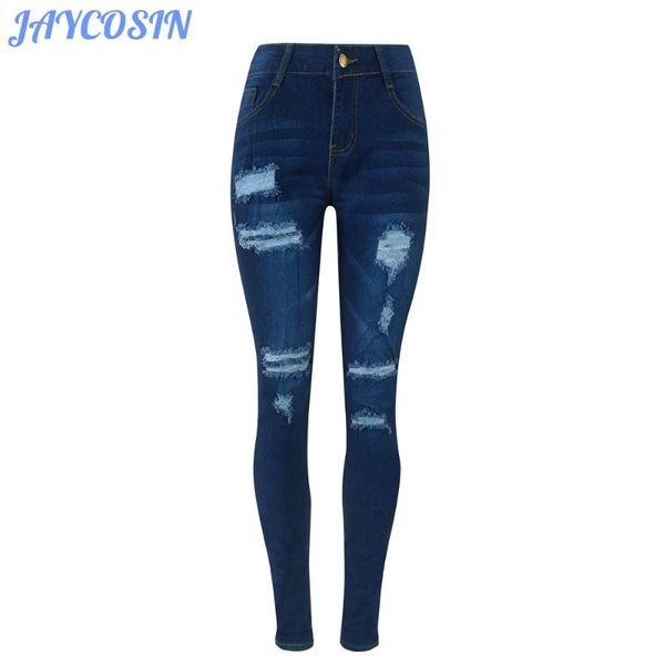 

jaycosin women clothes jeans bleached hole ripped denim trousers for girls skinny stretch high waist pencil jeans mujer, Blue