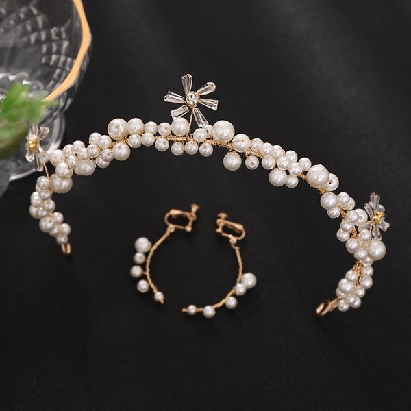 

handmade gold tiara headbands pearls hairbands with earrings clip bridal women wedding hair accessories head jewelry ornaments, Golden;white