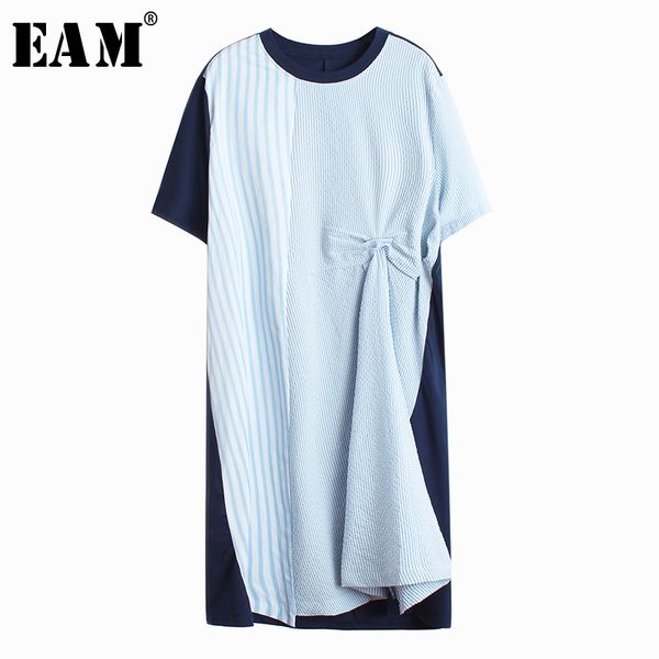 

[eam] women striped pleated irregular big size dress new round neck short sleeve loose fit fashion tide spring summer 2020 1w354, Black;gray