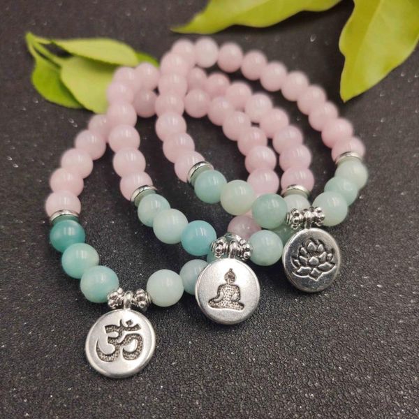 

om buddha lotus bracelet for women rose quartzs pink beaded wrist yoga buddha amazonite bracelet pink stone, Black