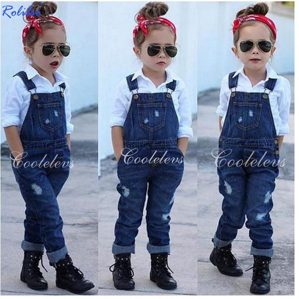 

fashion girl's clothing set for spring children set baby girl denim suit cotton long sleeve shirt+denim bib pants/jeans, White