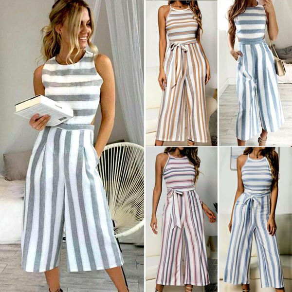 

uk womens casual wide sashes stripe print leg long playsuit ladies summer jumpsuit trousers plus size 6-16, Black;white
