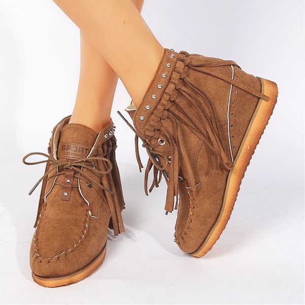 

ankle boots women shoes woman ladies round toe booties roman flat bottom with lace-up fringed female booties winter boots women, Black