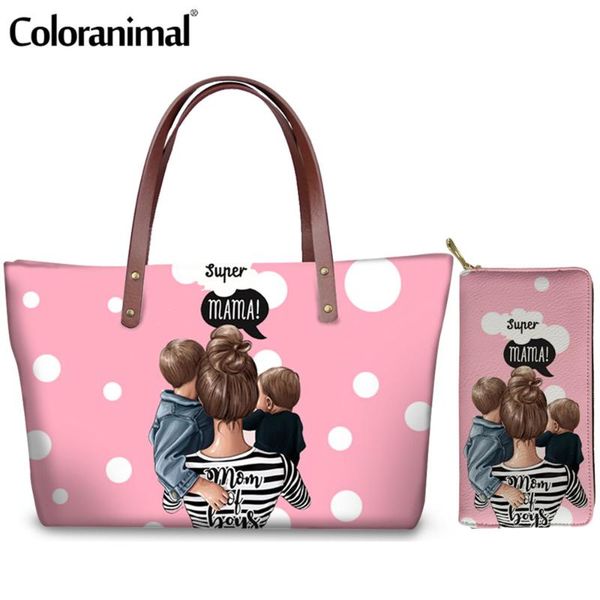 

coloranimal cute super mom boy girl printed women handbag with long leather wallet 2pcs female shopping tote bag sac main