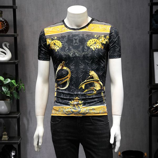 

2019 men's large size print short sleeve t-shirt youth korean slim men's fashion round neck fashion half sleeve summer t-shirt, White;black