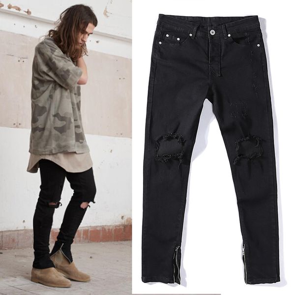 

fashion new 2016 jeans motorcycle black rock star knee holes destroyed skinny ankle zipper denim jeans men, Blue