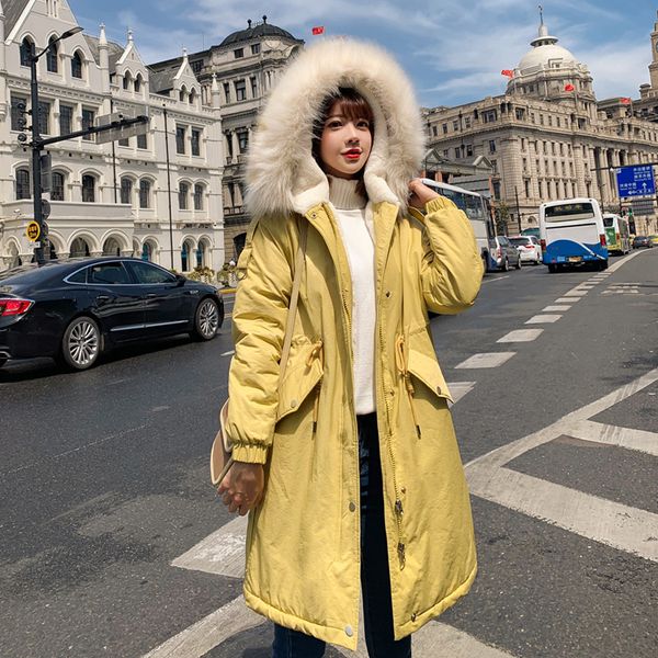 

drowyd fashion winter snow hair hooded cotton coat for women new casual 5-color windproof thick warm elegant loose long-coat, Black