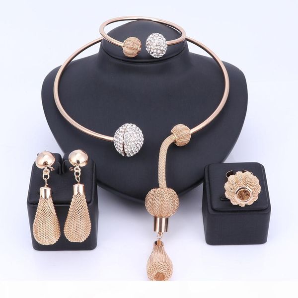 

charm dubai gold color crystal jewelry sets for women african pendant necklace earrings bangle rings party dress accessories, Black