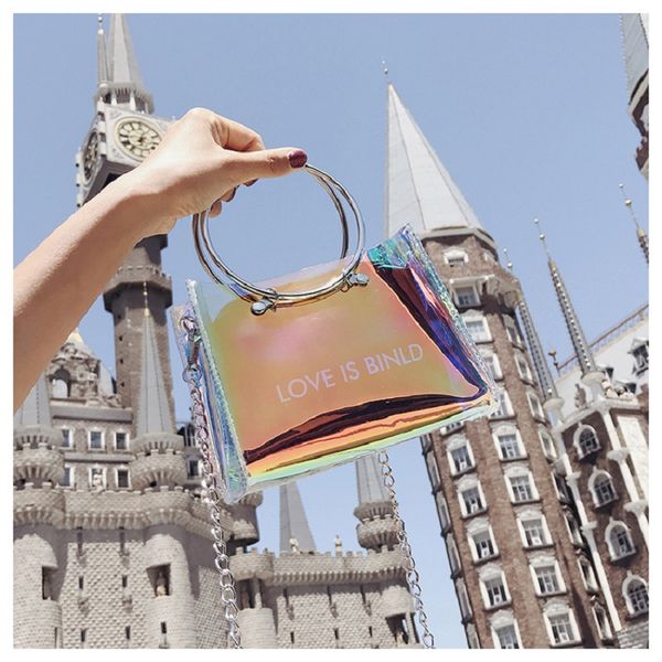 

summer new letter shoulder bag korean version of the laser transparent female bag ins super fire ring small square