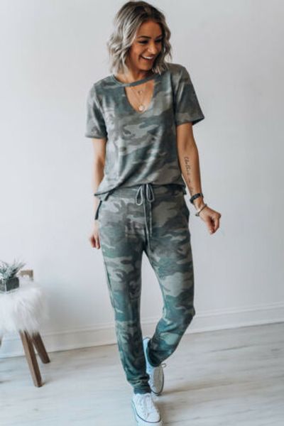 

2pcs womens casual tracksuit army green camouflage + pants 2pcs sets sport wear clothing set, White
