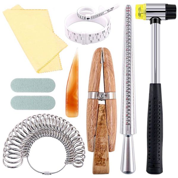 

12pcs jewelry ring sizer tools set, ring mandrel, sizer, wood clamp, rubber hammer, plastic sizer gauge, jewelry