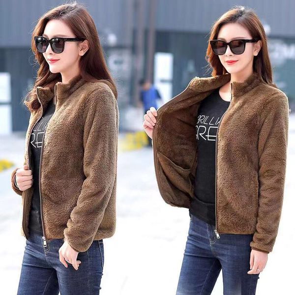 

women coral fleece loose coat outdoor two-sided plus velvet thicken windproof keep warm trekking camping climbing female jacket, Blue;black