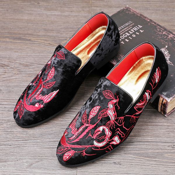 

men casual embroidery suede leather shoes winter comfortable casual party wedding footwear business men's flats loafers, Black