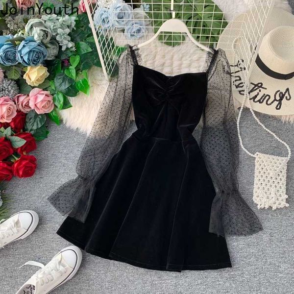 

joinyouth 2020 autumn pleuche party dress puff sleeve mesh patchwork women mini dresses a-line pleated vintage vestidos j164, Black;gray