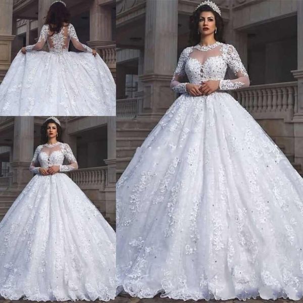 

2019 new arival puffy ball gown wedding dresses jewel neck long sleeves full lace appliques beaded illusion plus size formal bridal gowns, White