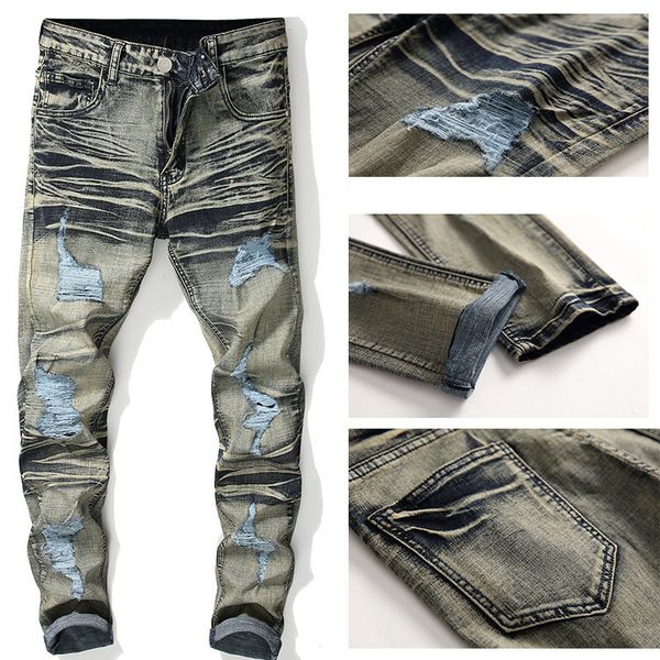 

mens designer grinded hole pleated jeans straight slim jeans, Blue