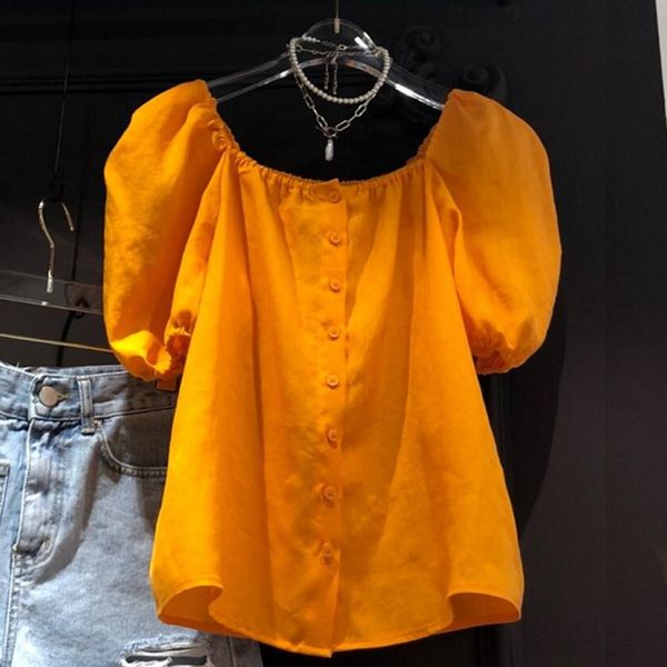 

women's blouses & shirts [ewq] 2021 spring sweet slash neck puff sleeve loose casual womens and korea single-breasted shirt ladies qv3, White