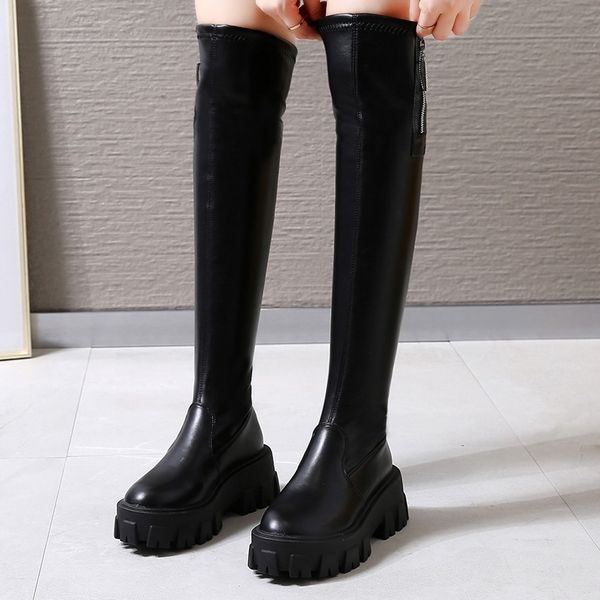 

2019 casual long tube booties Â women side zip motorcycle thick bottom knee bare boots ladies women's footwear drop shipping, Black
