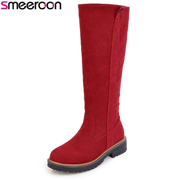 

smeeroon 2018 new popular round toe autumn winter boots med heels women boots knee high for women zip prom shoes, Black