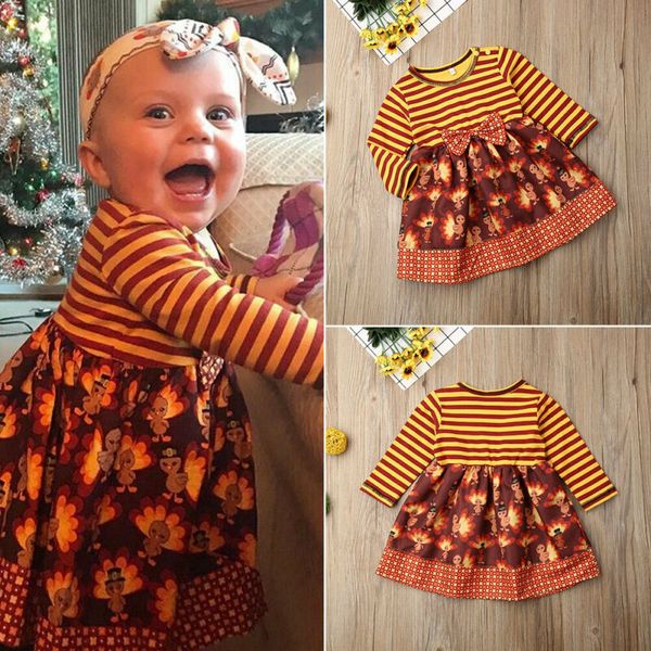 

newborn baby girls kid thanksgiving turkey dress clothes long sleeve striped dresses girl clothing1-4y, Red;yellow