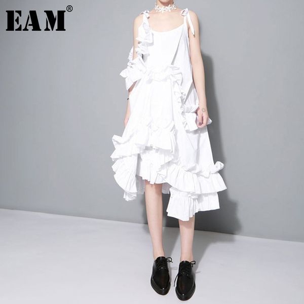 

eam] 2020 new spring irregular multilayer ruffles solid color loose fashion white dress women trendy tide j211, Black;gray