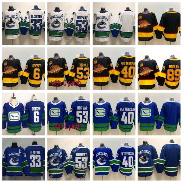 

Vancouver Canucks 50th Seasons Jersey 53 Bo Horvat With C patch 40 Elias Pettersson 6 Brock Boeser 22 Daniel Sedin 33 Henrik Sedin