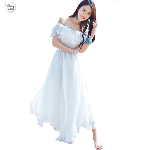 

festa стиль длинное платье с плеча пляжа лета платья без бретелек шифон white maxi платье vestidos de boho cx585, Black;gray