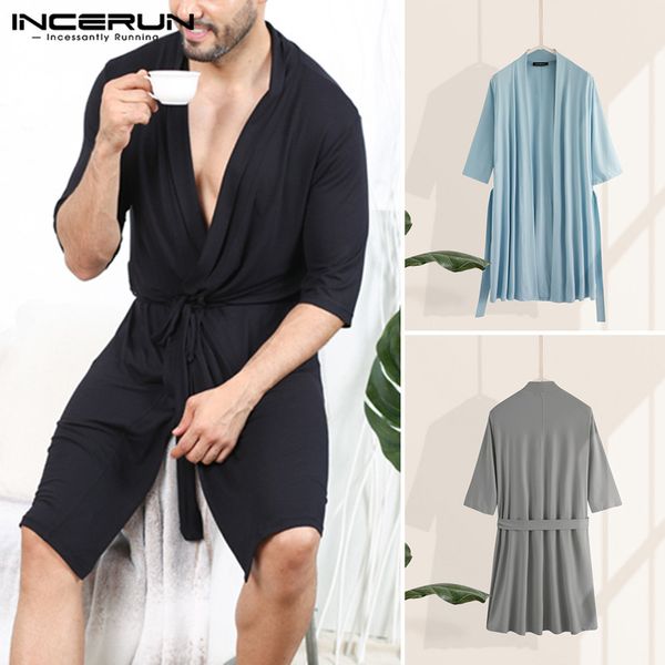 

men's sleepwear 2021 summer men robes solid color kimono leisure half sleeve v neck couple bathrobe fashion comfortable nightgown incer, Black;brown