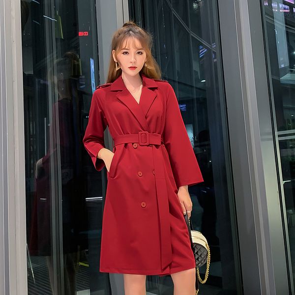 

women trench 2019 new fashion full sleeve solid casule high waist long length button adjustable waist turn-down collar coat, Tan;black