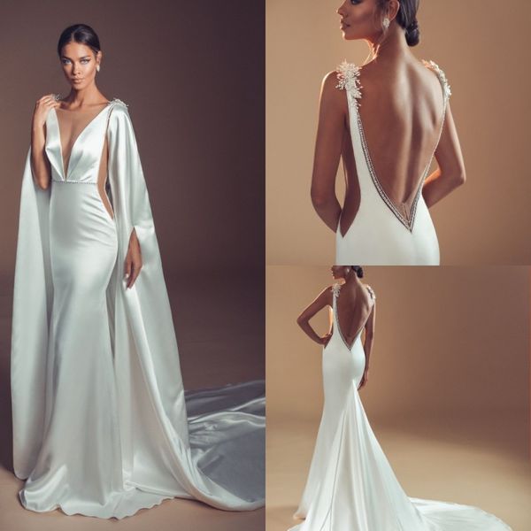 Elihav Sasson Mermaid Свадебные платья с длинными обертываниями Deep V-шеи Бисером Backblob Beach Beach Bridal Plass Robe De Mariee