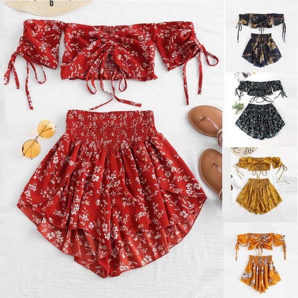 

off shoulder cinched floral women set summer slash neck short sleeves crop high waist shorts set beach boho suits, White