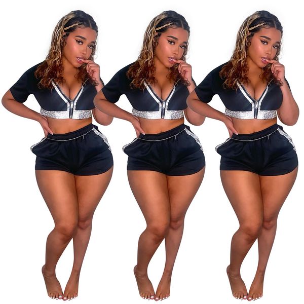 

designer women 2 piece tracksuits matching set summer outfit front zipper short sleeve fit and skinny short casual suits plus size 5xl, Gray